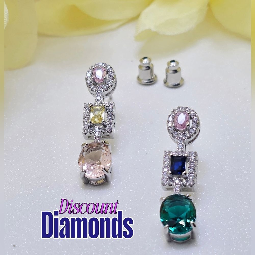 Pink, Yellow, Blue, & Green Topaz Drop Earrings Clear White Topaz on 925 Silver